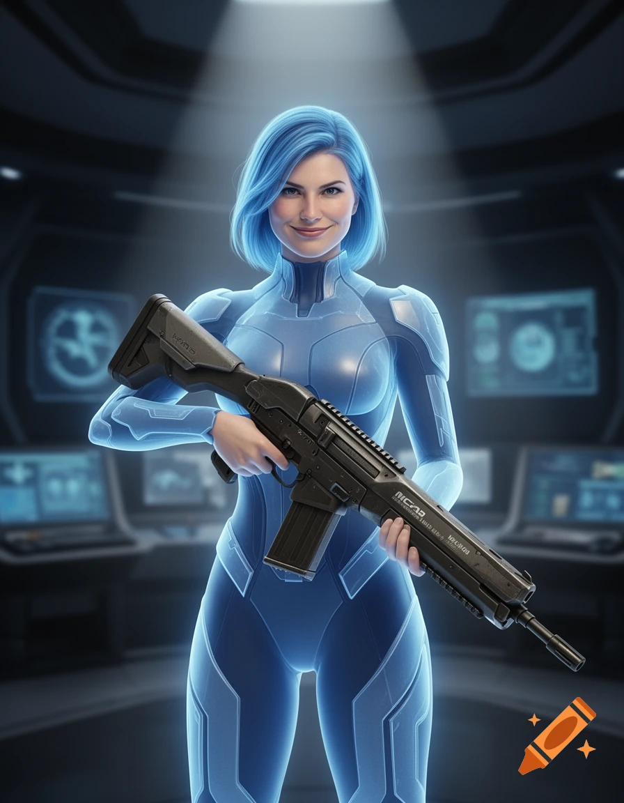 A smirking woman with blue hair in a futuristic blue suit holds an assault rifle in a control room.