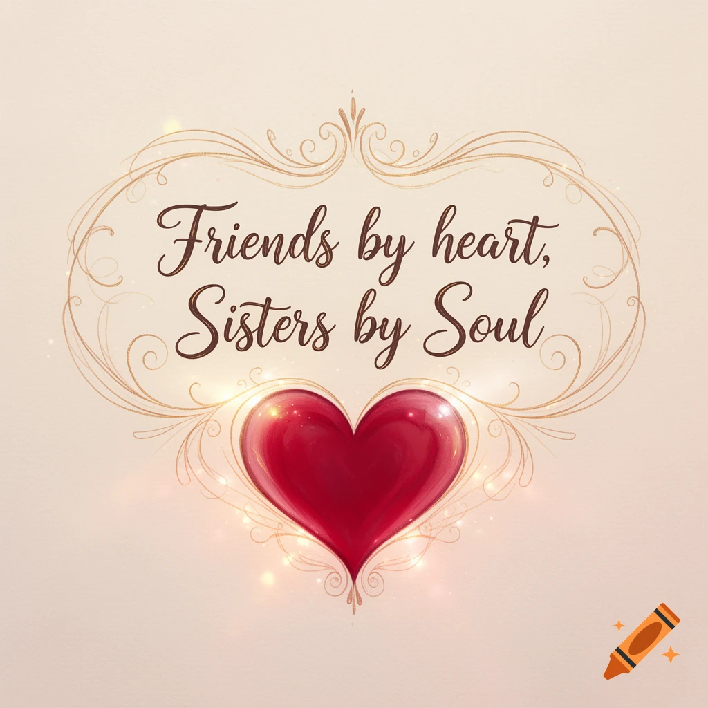 A decorative image with the text 'Friends by heart, Sisters by Soul' in a script font, framed by golden swirls, above a glowing red heart.