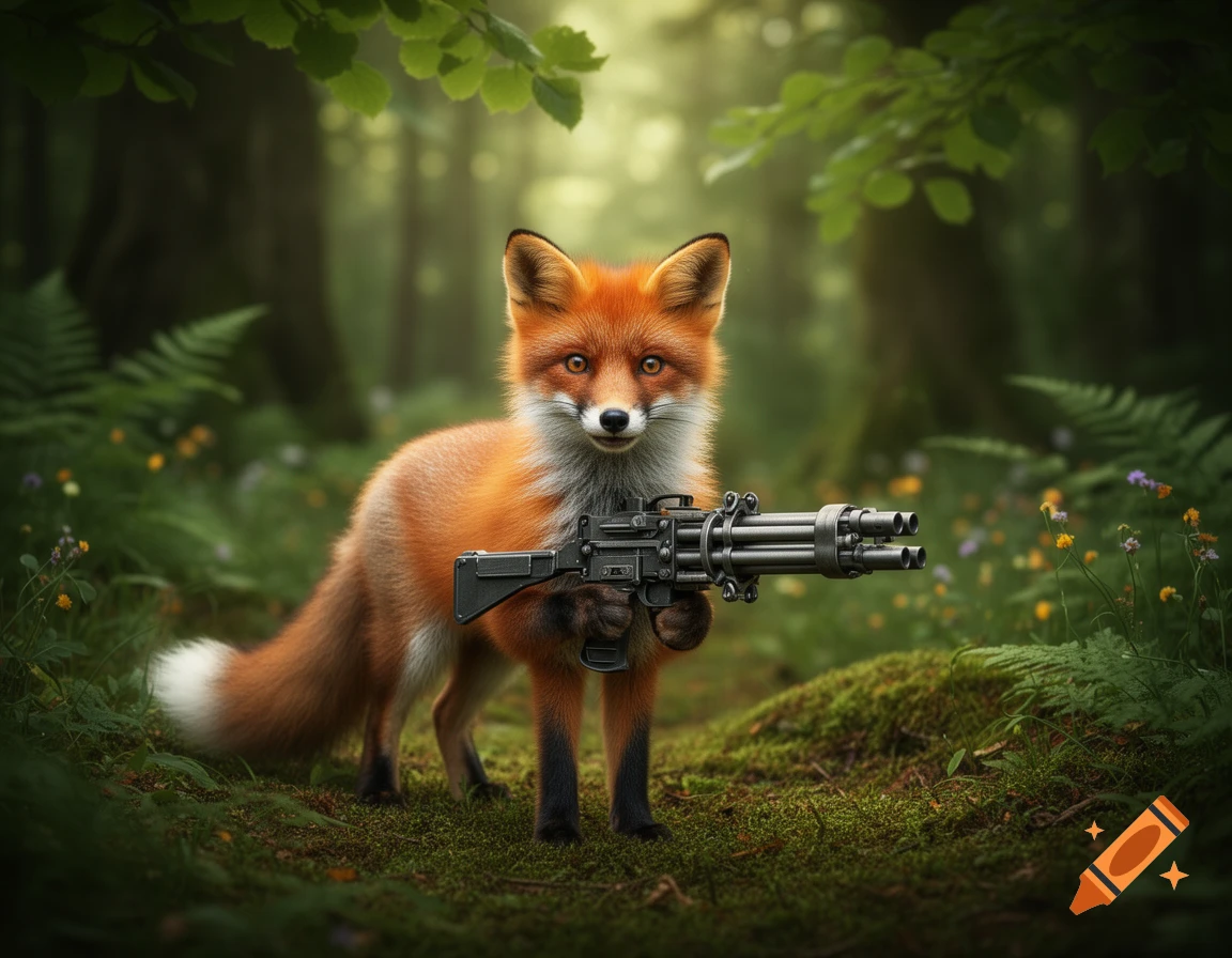 A cute red fox stands in a lush forest, holding a minigun.