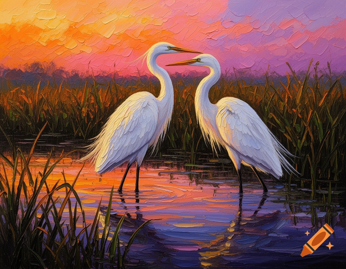 An impasto painting of two great egrets standing in a marsh at a vibrant sunset, with colors reflecting in the water.