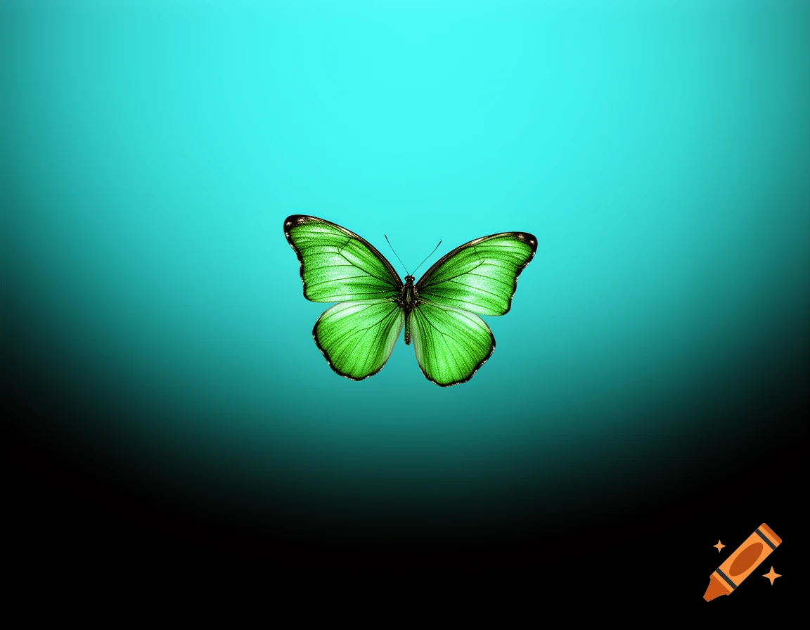 A vibrant green butterfly with black accents on its wings, centered against a background fading from turquoise to black.