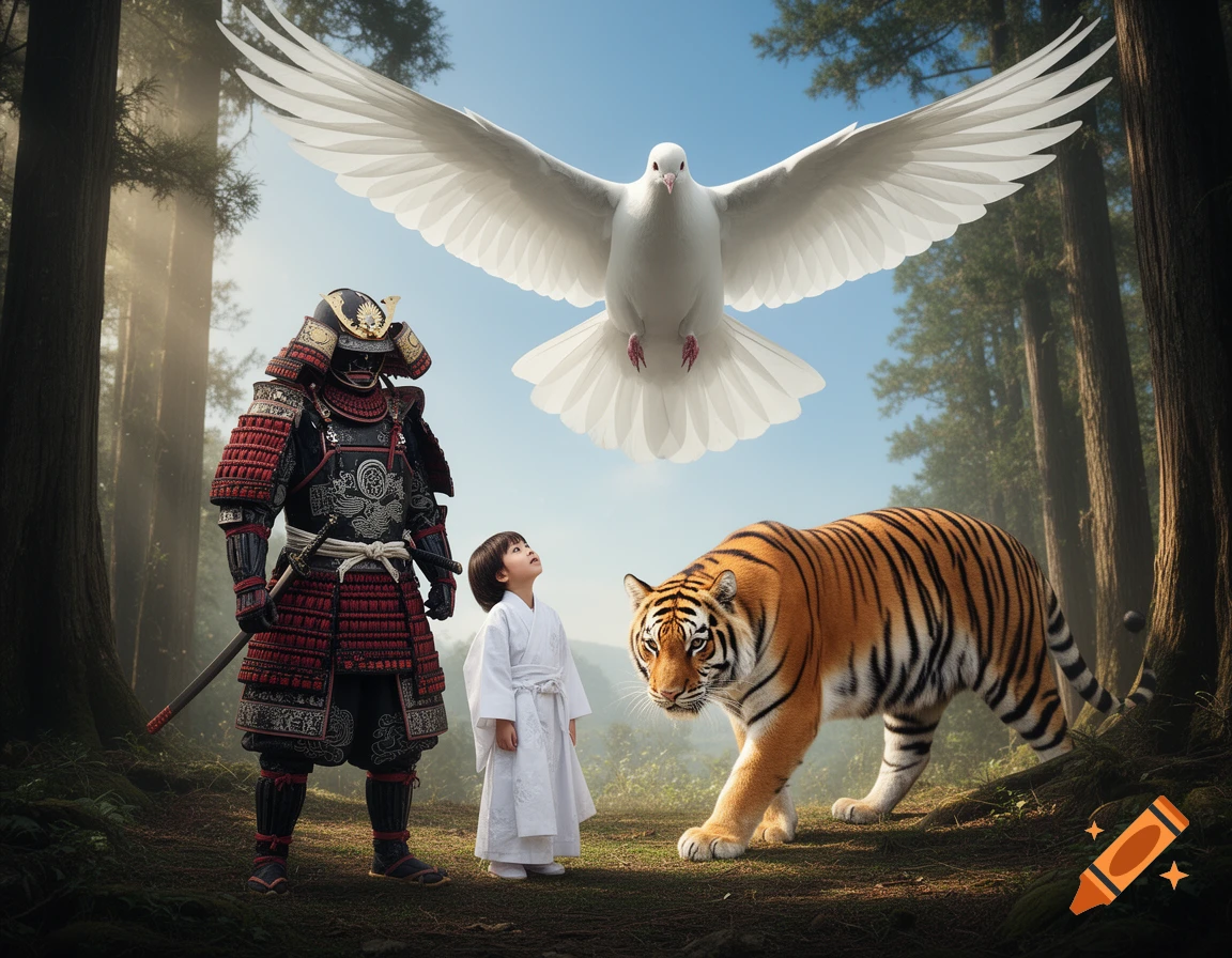 A samurai, a child in white, and a tiger stand in a forest, looking up at a giant white dove with outstretched wings.