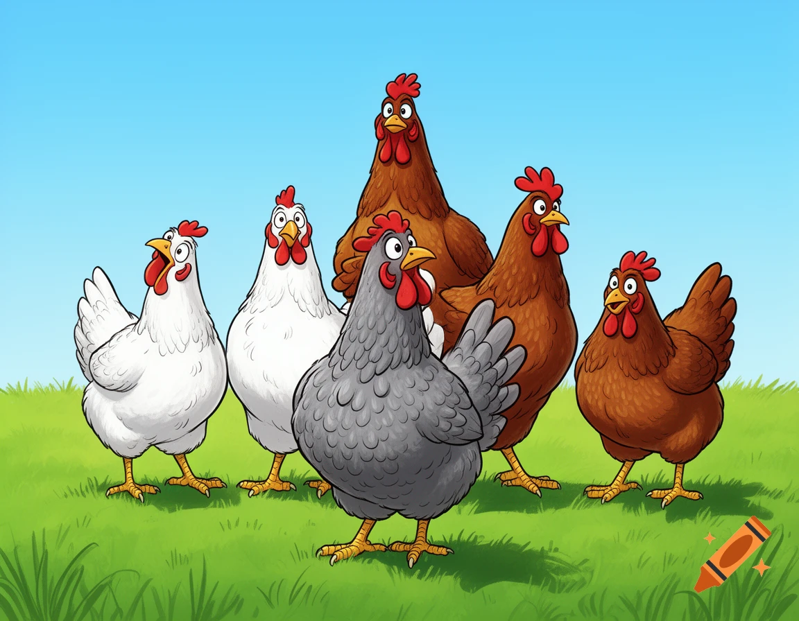 A cartoon image of six chickens, two white, three brown, and one grey, standing on green grass under a blue sky.