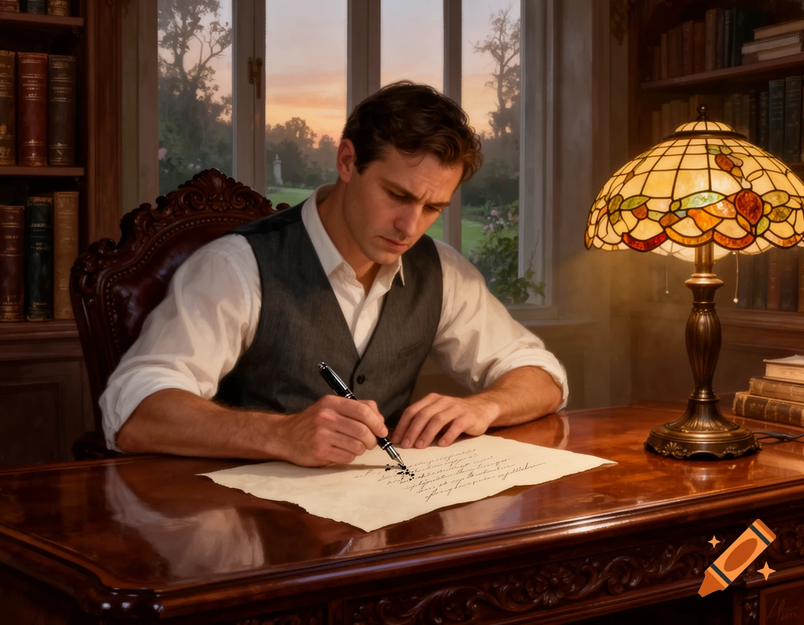 A man in a vest writes a letter at a polished wooden desk, illuminated by a Tiffany lamp in a study.