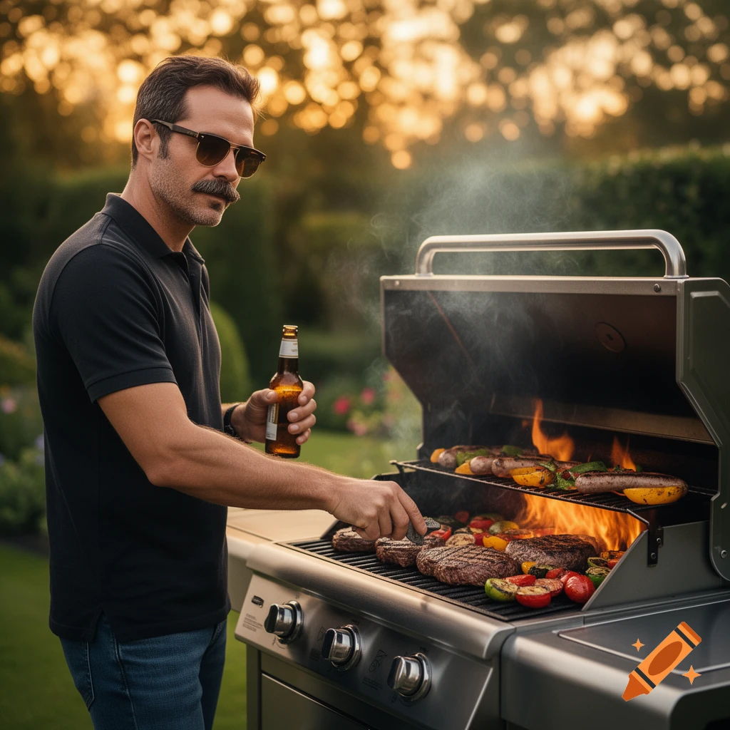 A man with sunglasses and a mustache grills steaks, sausages, and vegetables in a stylish garden at sunset, holding a beer.