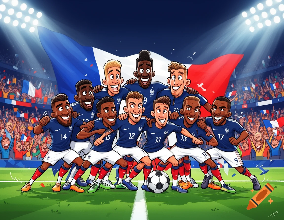 Cartoon of the French national soccer team players celebrating on a green field in a stadium, with a large French flag and cheering fans in the background.