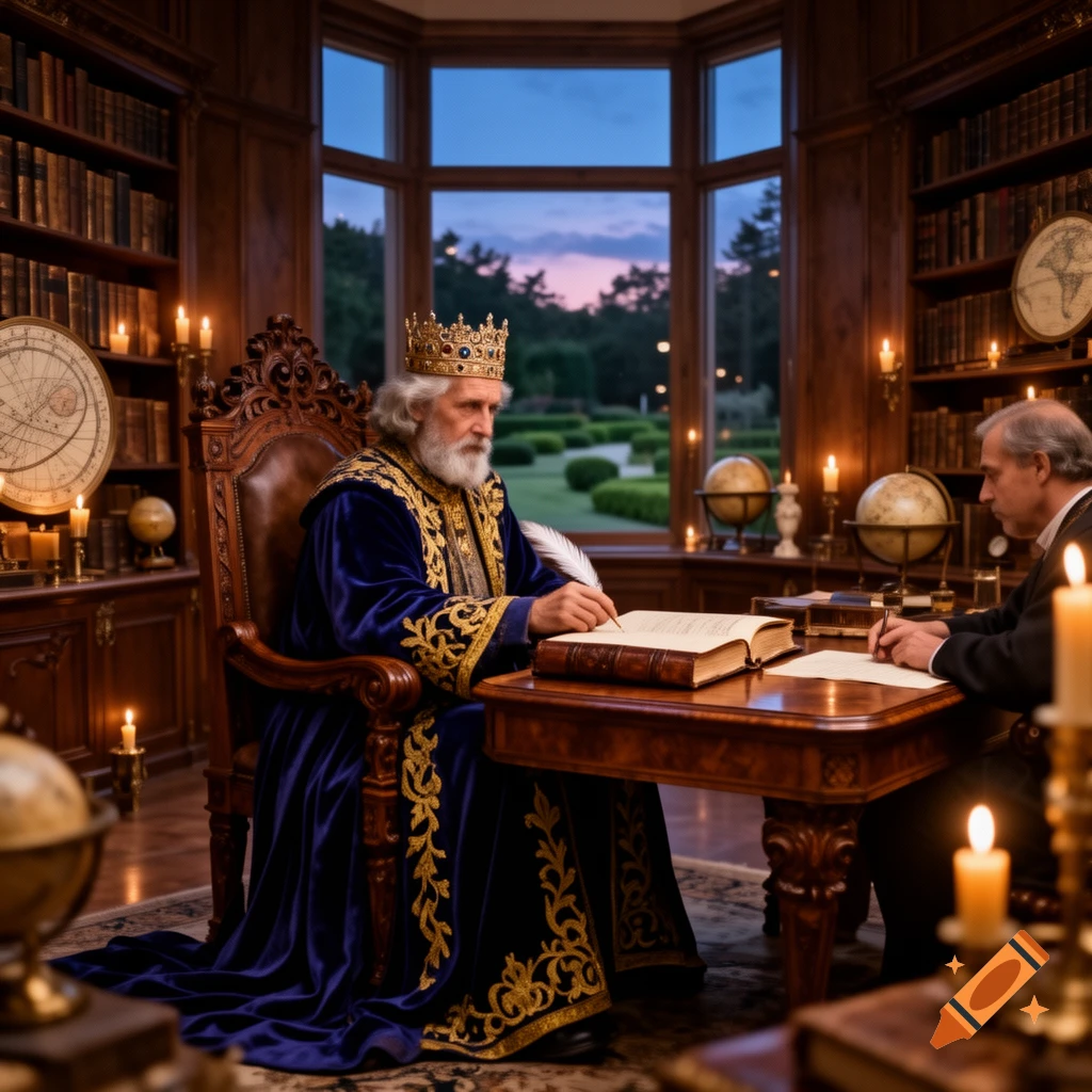 A regal philosopher king in a blue and gold robe writes with a quill at a candlelit desk in a library, another man sits opposite him.