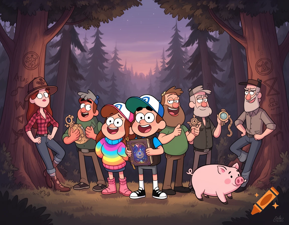 Dipper, Mabel, Waddles, Wendy, Soos, and the two Grunkle Stans from Gravity Falls in a forest at dusk, holding mysterious items in cartoon style.