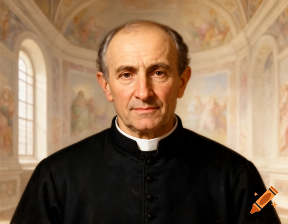 Painting of an older man in a black cassock with a clerical collar, in a hall with frescoes.