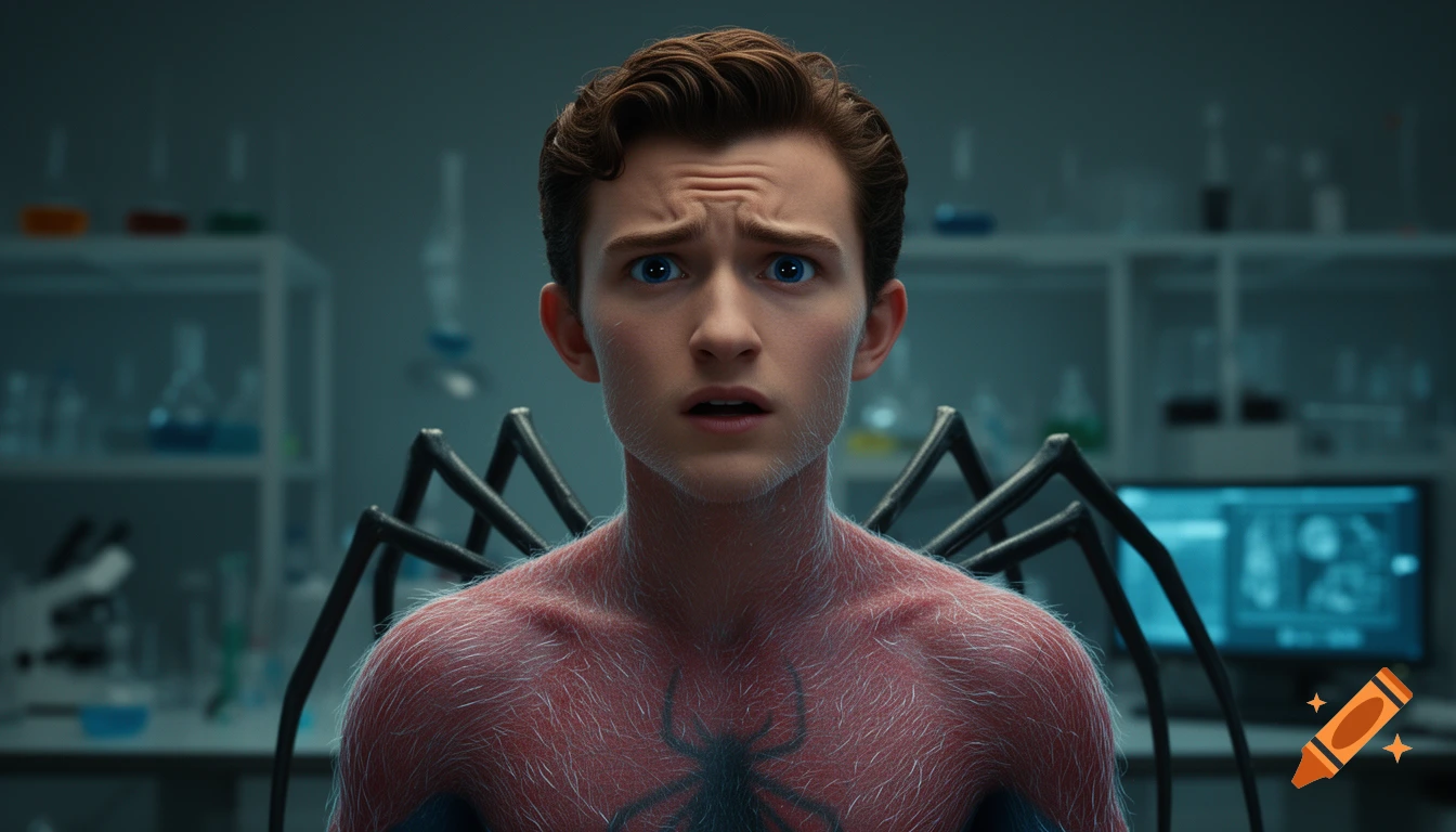 A photorealistic portrait of a surprised Tom Holland, partially transformed with reddened, furry skin and spider legs, in a science lab.