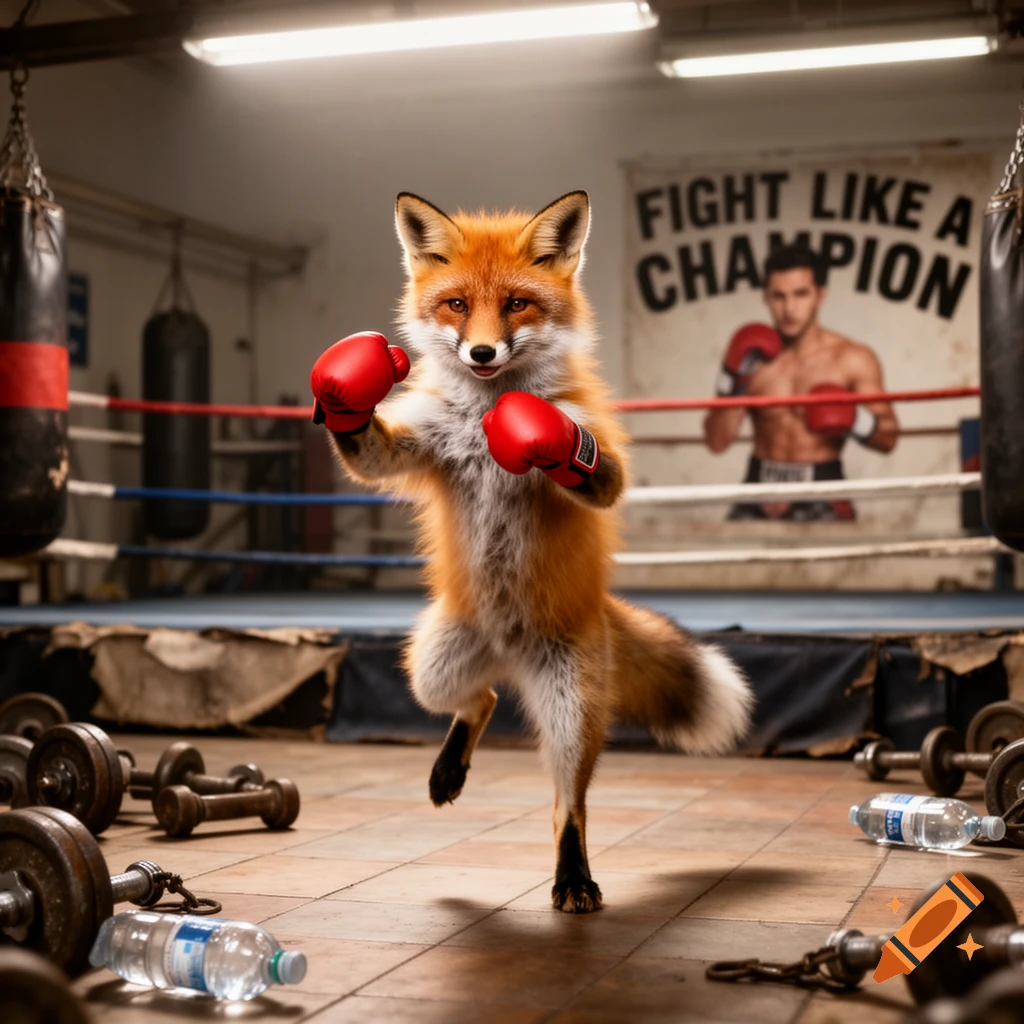 A photorealistic fox wearing red boxing gloves poses in a dimly lit boxing gym, with punching bags and a boxer in the background.