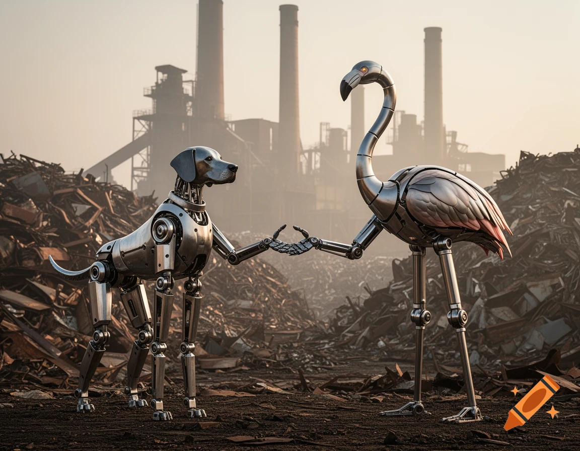 Photorealistic robot dog and robot flamingo holding hands in a scrap metal yard with an industrial plant in the background.