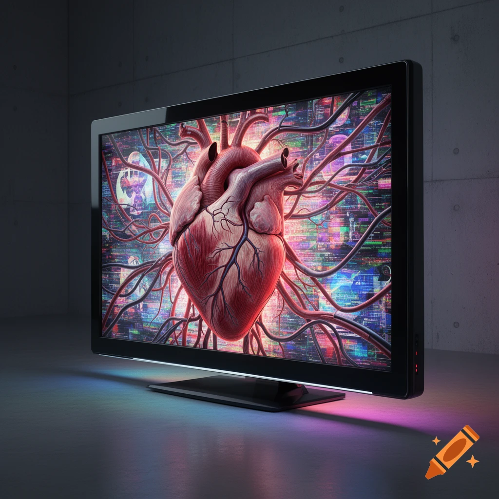 A highly detailed, realistic human heart is prominently displayed on the screen of a modern black flat-screen TV, surrounded by a vibrant, abstract digital network. Colorful light reflects on the floor.