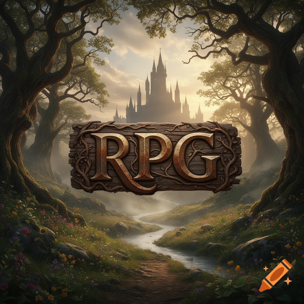 A fantasy landscape with an ancient castle in the background, a winding stream, and trees framing a rustic "RPG" sign in the foreground.