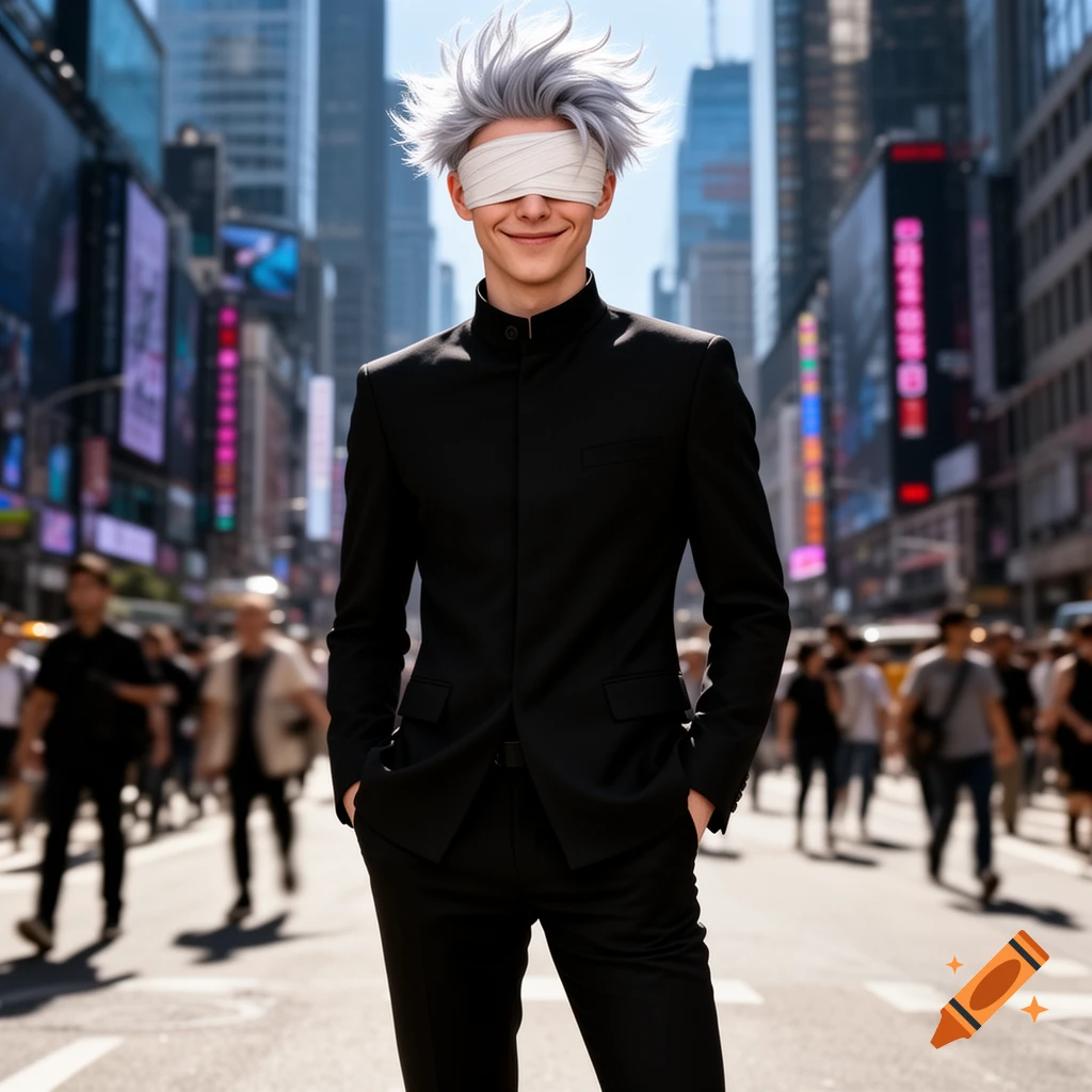 A man with spiky white hair and a white blindfold, wearing a black suit, smiles while standing on a bustling city street.