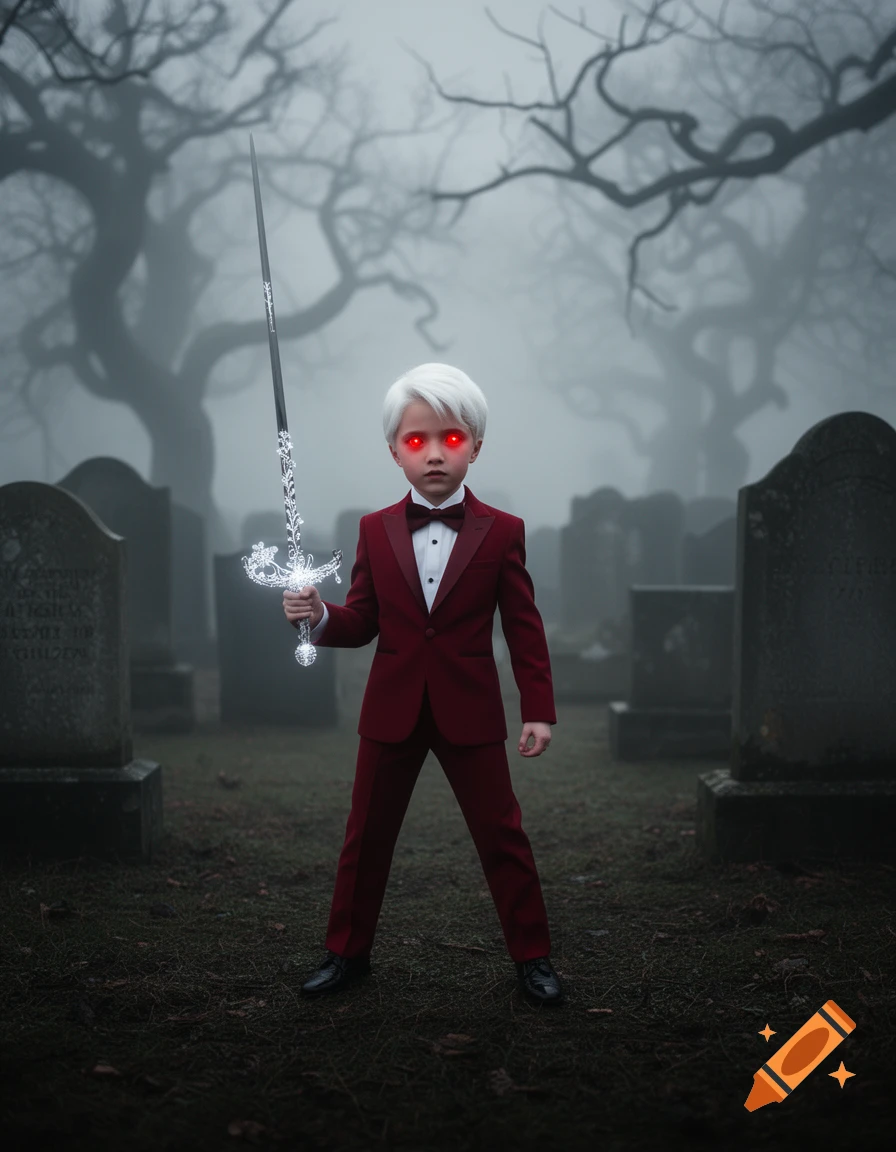 A white-haired boy with glowing red eyes, wearing a red tuxedo, holds an ornate silver sword in a foggy graveyard.
