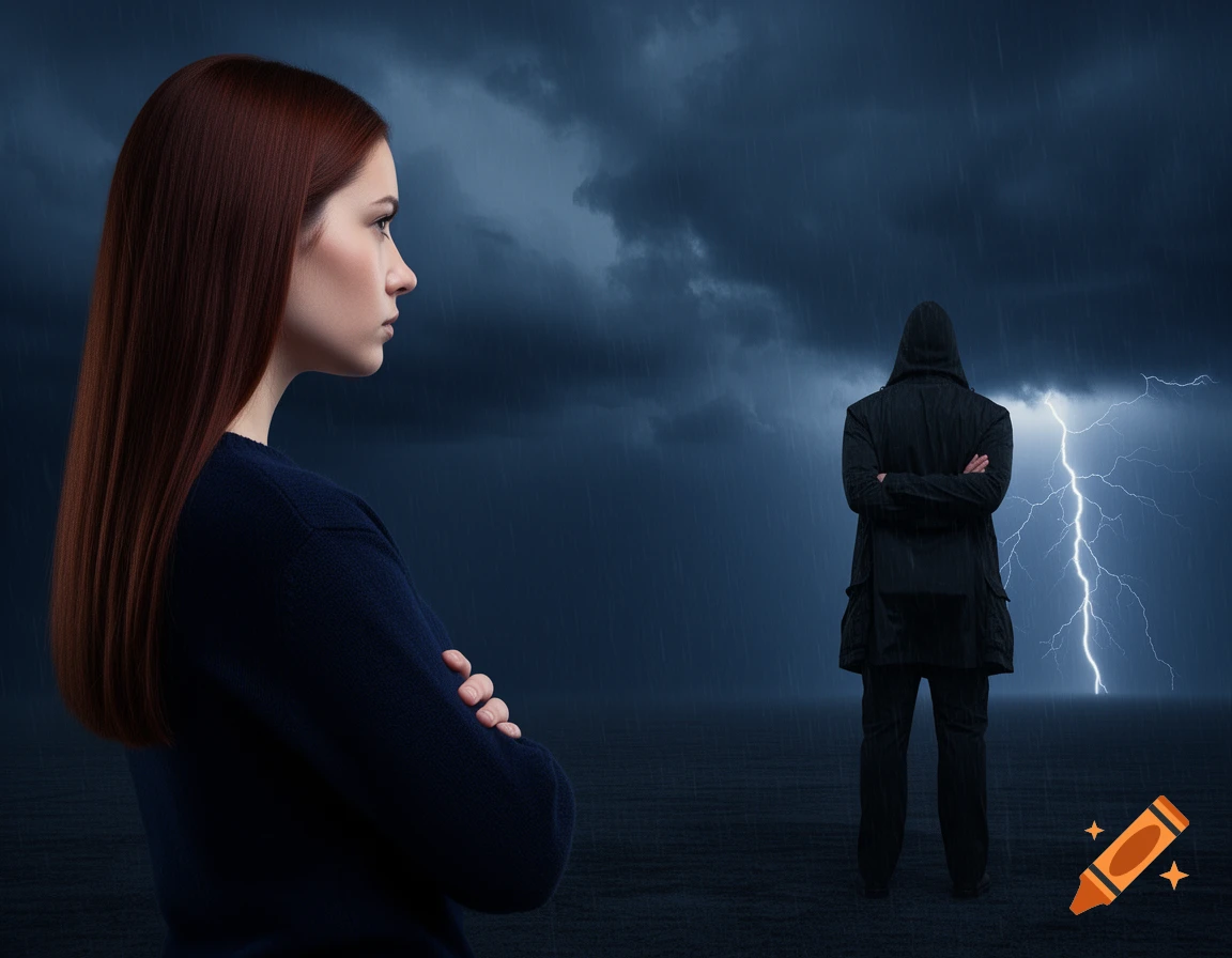 A woman with red hair, arms crossed, gazes at a hooded figure in a dark, stormy landscape with lightning.