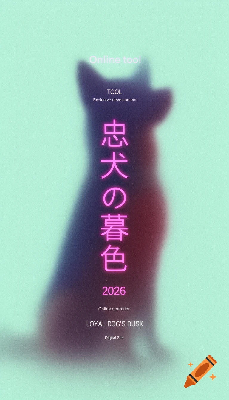 A blurry, glowing silhouette of a dog on a mint green background, with neon pink Japanese and English text layered vertically and horizontally, including "Online tool," "忠犬の暮色," and "LOYAL DOG'S DUSK."