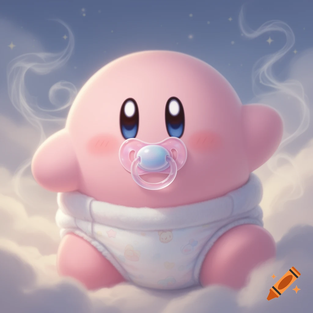 Cute baby Kirby, pink and round, wearing a white diaper with small patterns and a clear pacifier, sitting on fluffy clouds.