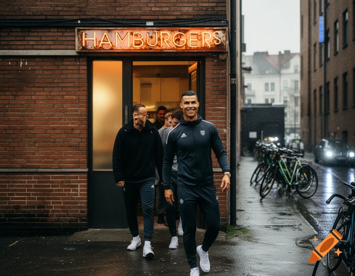 Cristiano Ronaldo and friends walk out of a hamburger restaurant onto a wet urban street on a cloudy day.