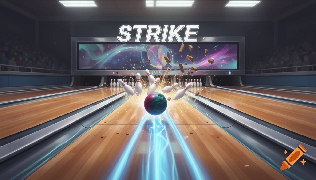 A dynamic bowling strike scene with a glowing ball hitting pins and 'STRIKE' text above, set in a stylized bowling alley.
