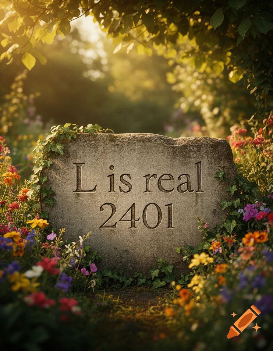 A stone tablet engraved with 'L is real 2401' amidst a vibrant, sunlit garden path filled with colorful flowers and green leaves.