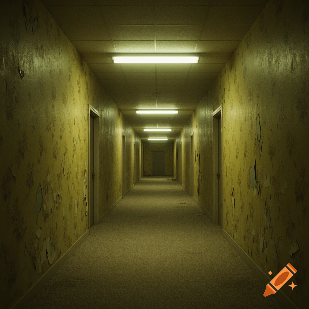 A long, eerie hallway with peeling yellow wallpaper, bright fluorescent lights, and numerous doors, evoking a liminal space.