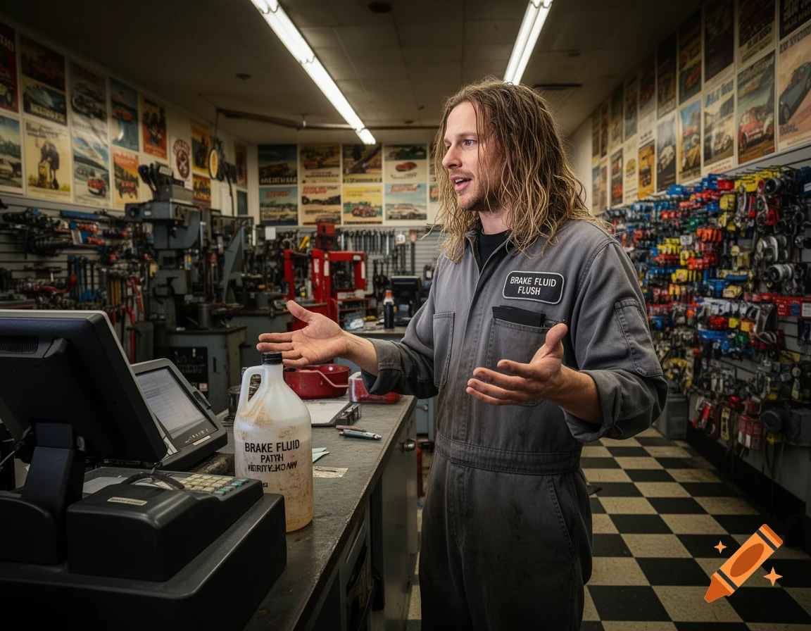 Long-haired auto shop manager in a gray jumpsuit gestures at a container of brake fluid on a counter in a busy auto shop.