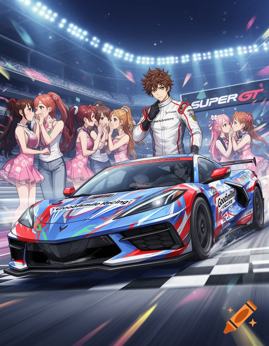 An anime-style illustration of a male race car driver in a white suit standing by his blue and red race car on a track, surrounded by several female race queens whispering and smiling. The background shows a stadium at night with "SUPER GT" signage.