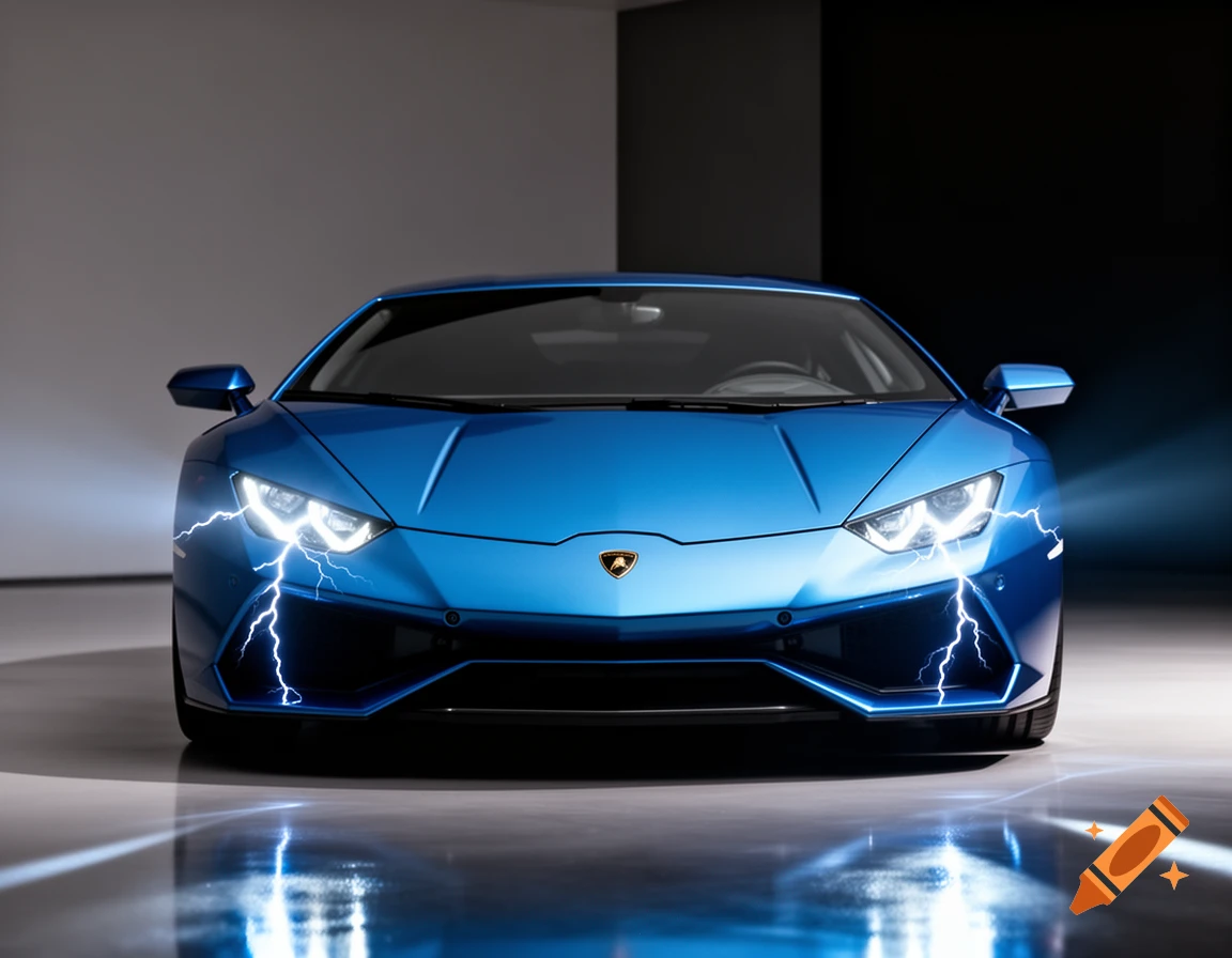 A front view of a sleek blue Lamborghini sports car with bright headlights and electric lightning effects in a dark studio.