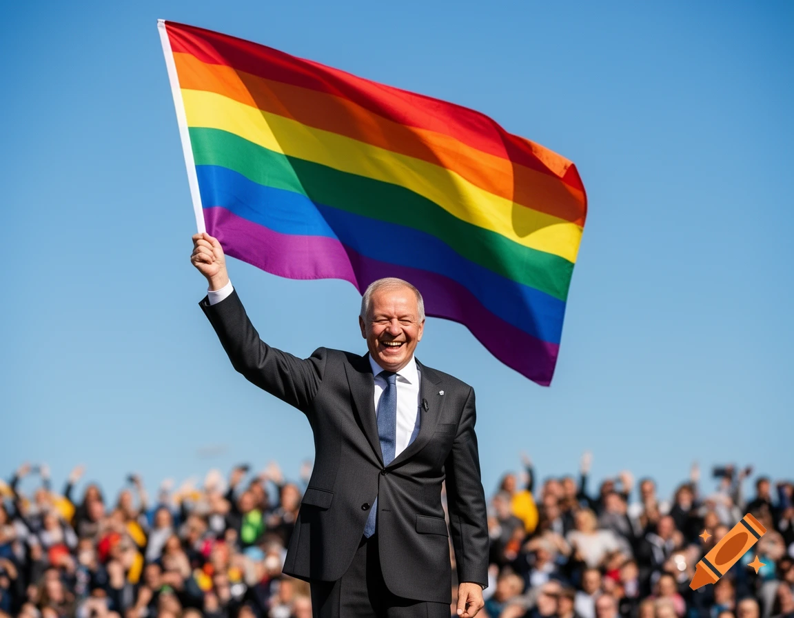 Friedrich Merz in a suit jubilantly holds a large rainbow flag above a cheering crowd at an outdoor event under a blue sky.