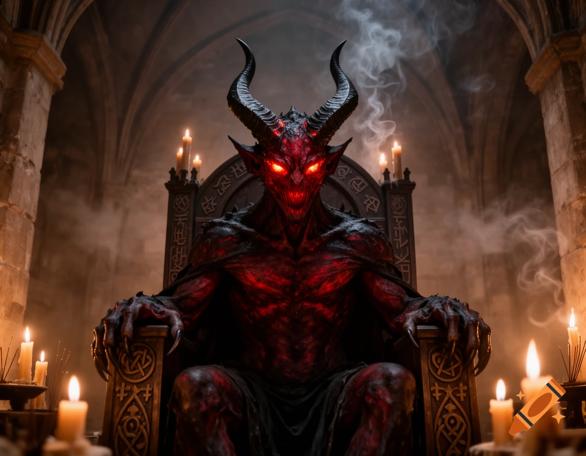 A red-skinned demon with horns and glowing eyes sits on an ornate throne in a shadowy, candlelit gothic hall.