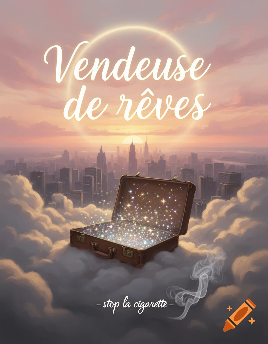A magical suitcase overflowing with sparkling stars floats above clouds over a city at sunset, with French text 'Vendeuse de rêves' and 'stop la cigarette'.