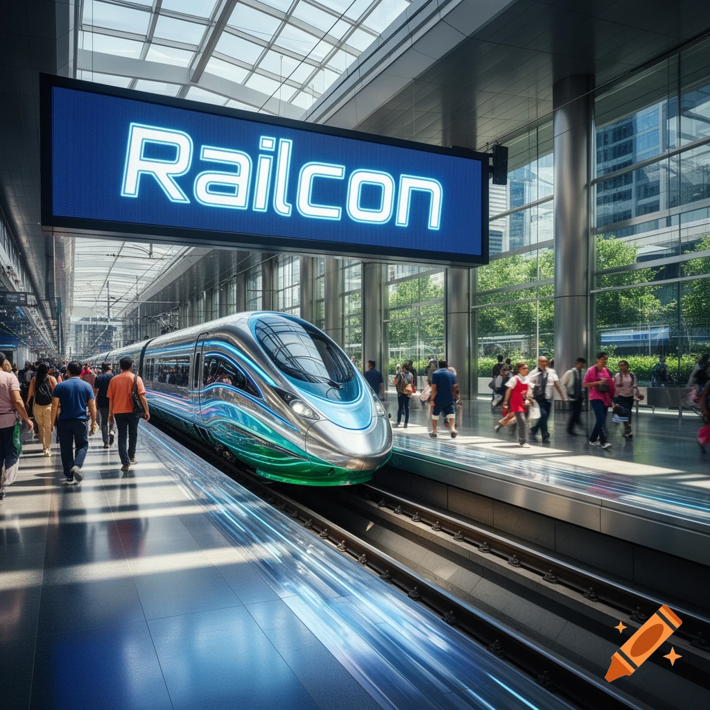 A sleek, futuristic train at a modern station with people walking, under a large sign displaying 'Railcon'. Photorealistic.