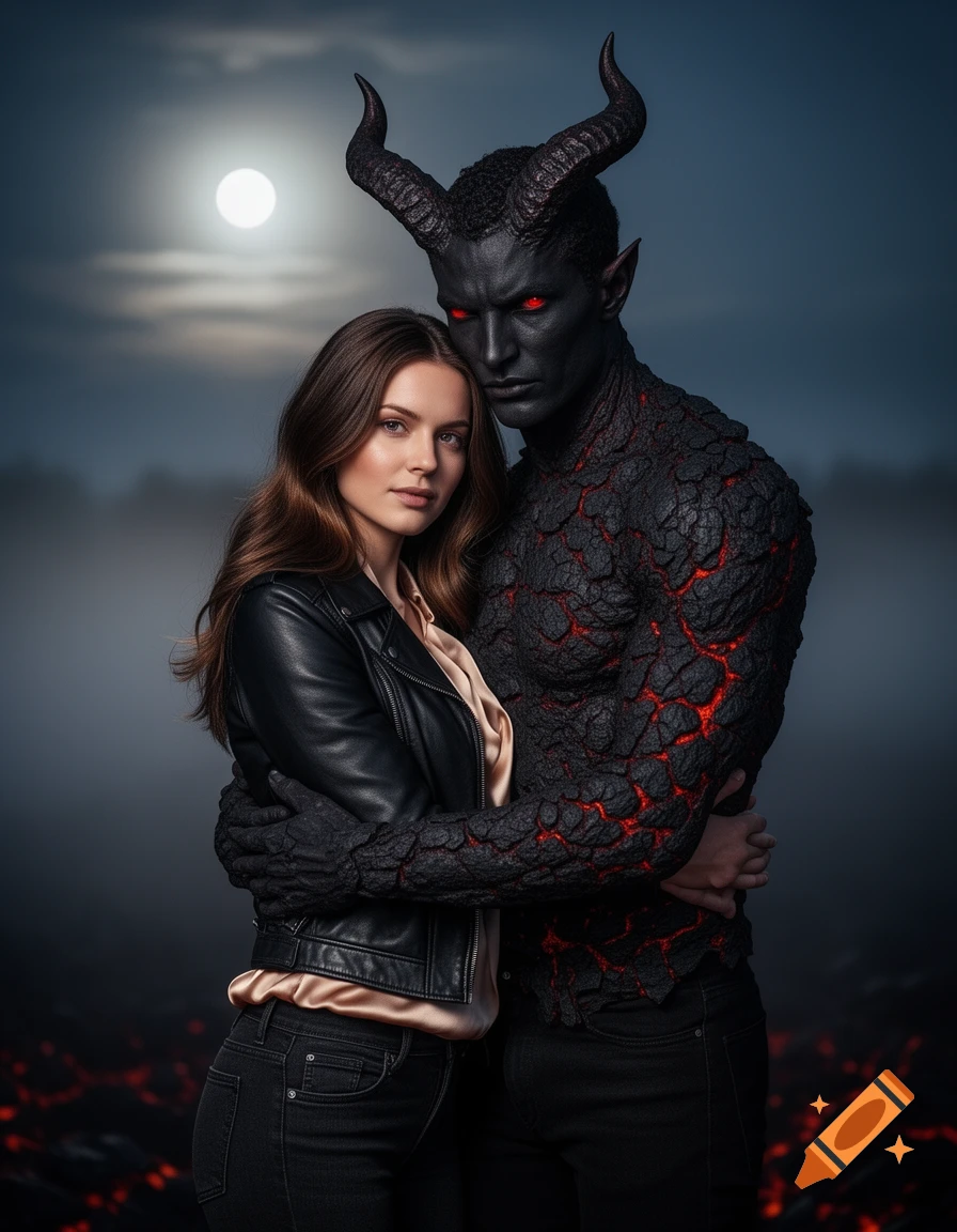 A woman in a leather jacket embraces a demonic man with horns and textured, lava-like skin under a full moon.