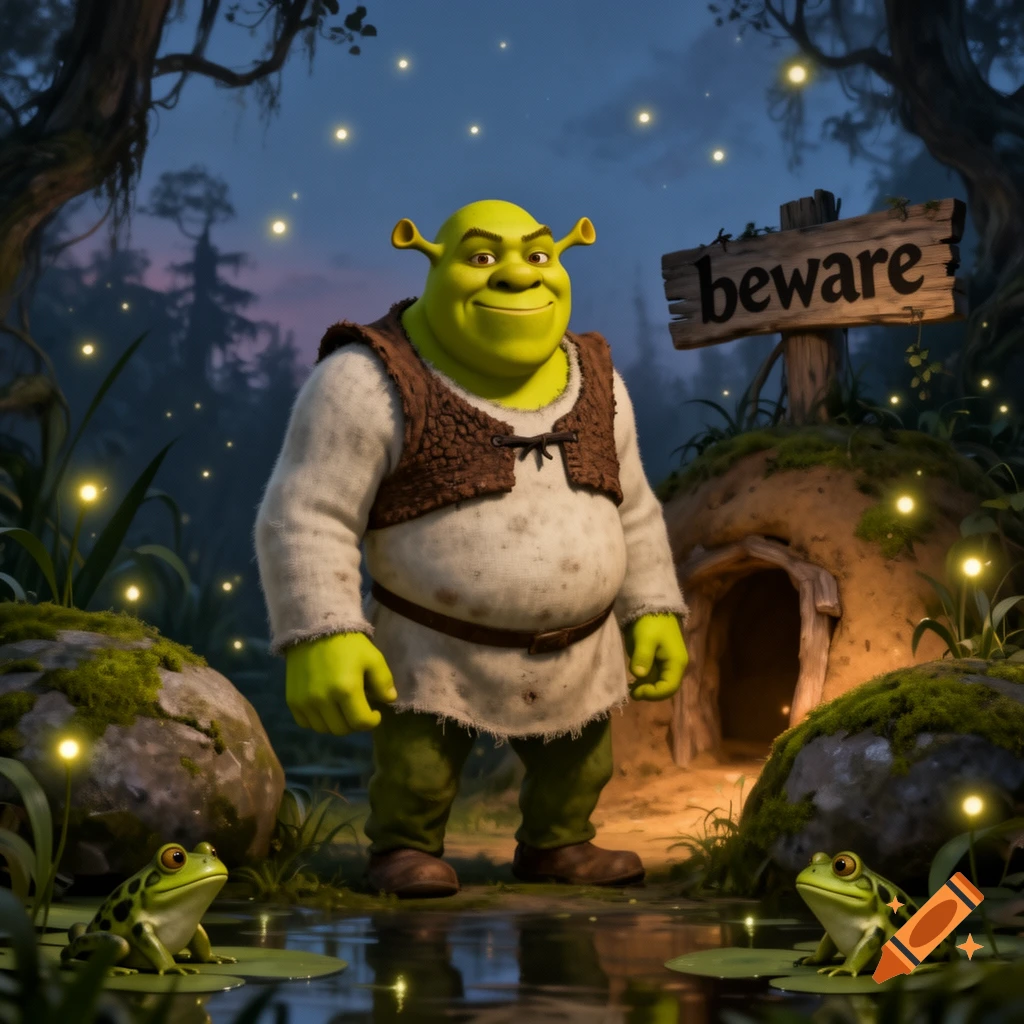Shrek stands smiling in a dark, firefly-lit forest next to his earthen hut with a 'beware' sign, two frogs sit on lily pads in the foreground.