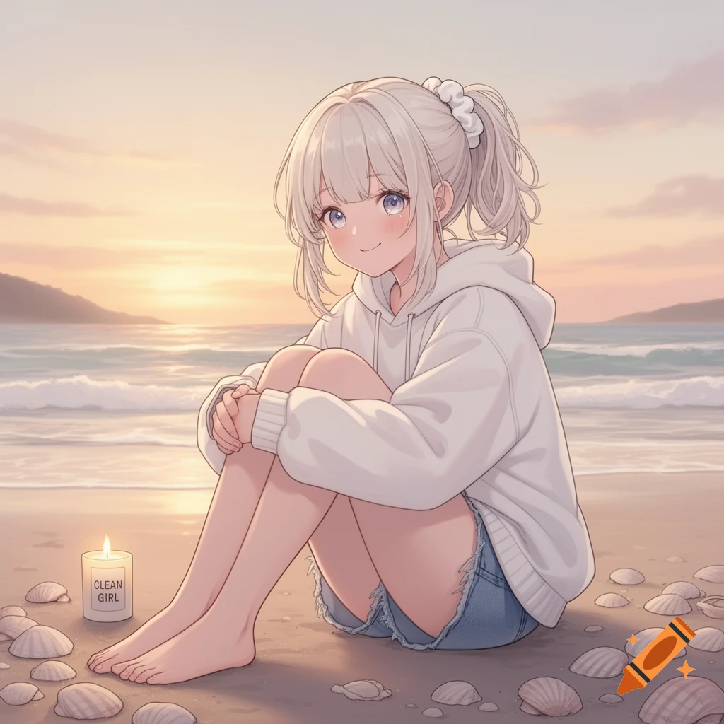 An anime girl with light hair in a ponytail, wearing a white hoodie and denim shorts, sits on a sandy beach surrounded by seashells at sunset.