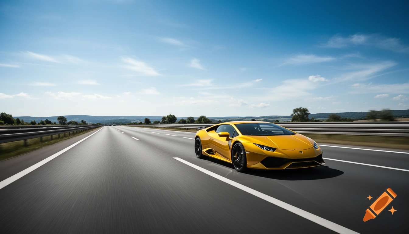A bright yellow Lamborghini Huracan speeds along a multi-lane highway under a clear blue sky, motion blur on road.