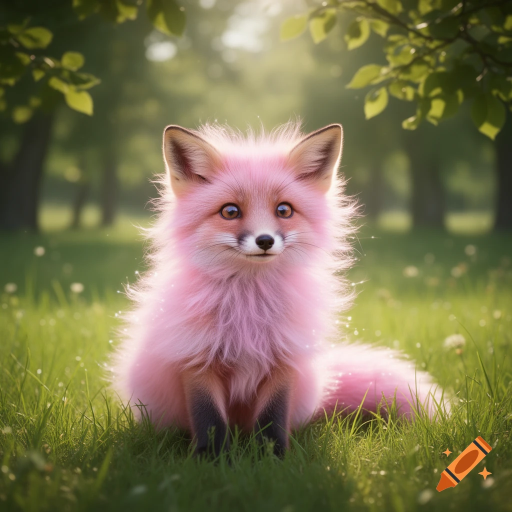 A fluffy pink fox with big eyes sits in sun-dappled green grass in a forest.