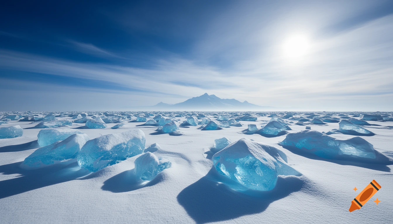A vast, bright icy landscape with glowing blue ice chunks on a snowy plain under a clear blue sky and distant hazy mountains. Photorealistic style.