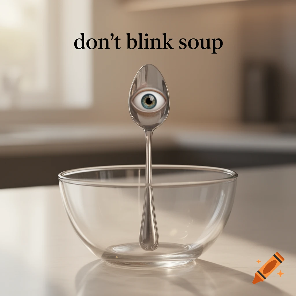 A spoon with a large blue eye in its scoop stands upright in an empty clear glass bowl on a kitchen counter. Black text above reads "don't blink soup".
