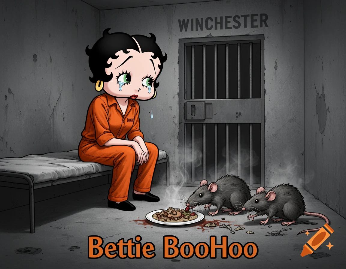 Betty Boop cries in an orange prison suit on a bunk bed in a cell with two rats eating spilled food. Text reads 'WINCHESTER' and 'Bettie BooHoo'.