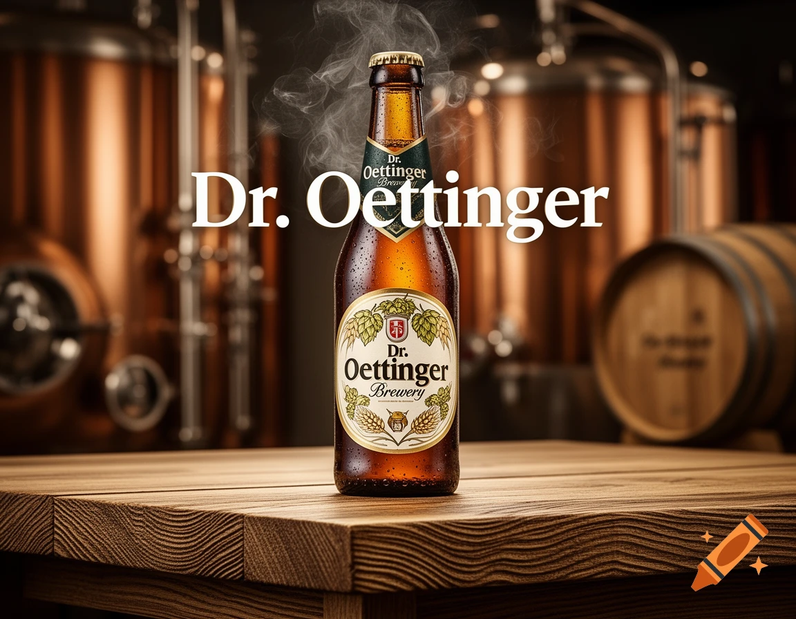 A condensation-covered beer bottle with a 'Dr. Oettinger' label on a wooden table, with copper brewing tanks and a barrel in the background.