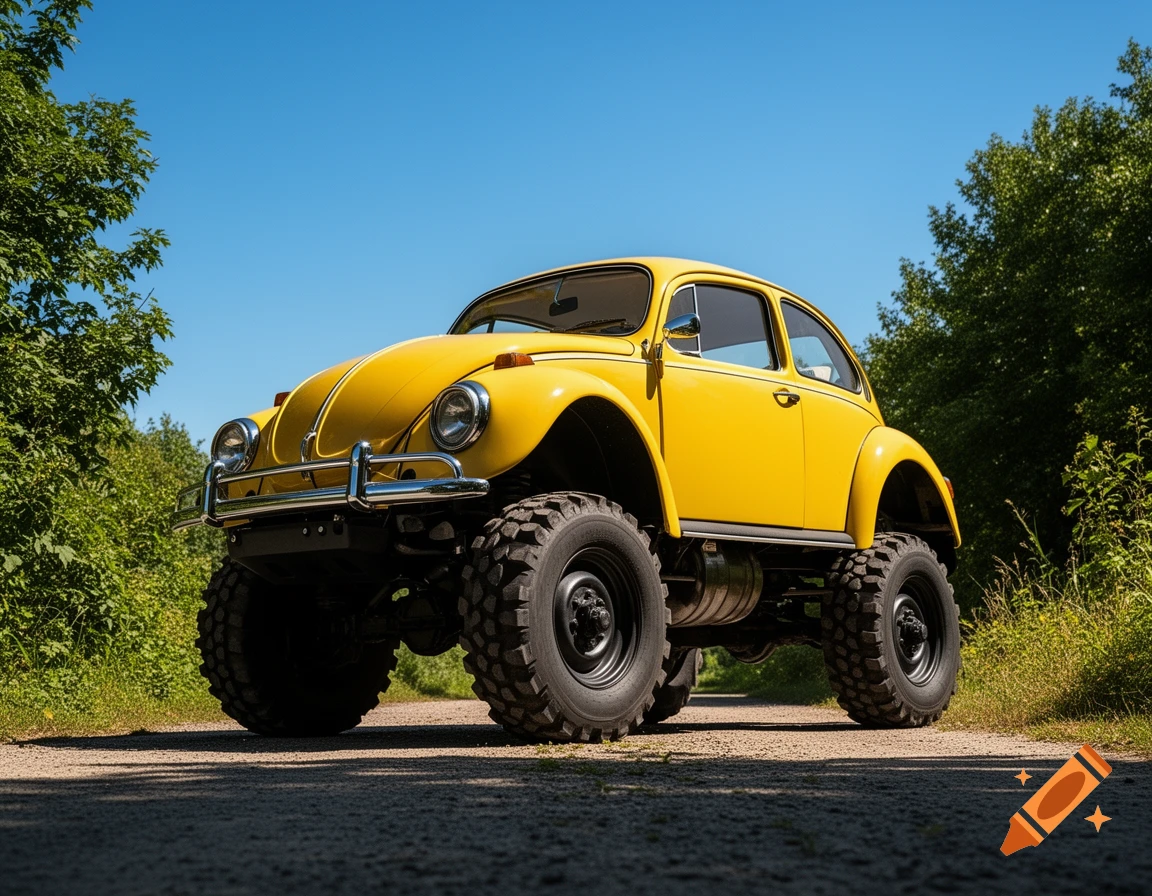 A bright yellow Volkswagen Beetle body is mounted on a tall, off-road chassis with large, knobby tires, on a dirt path.