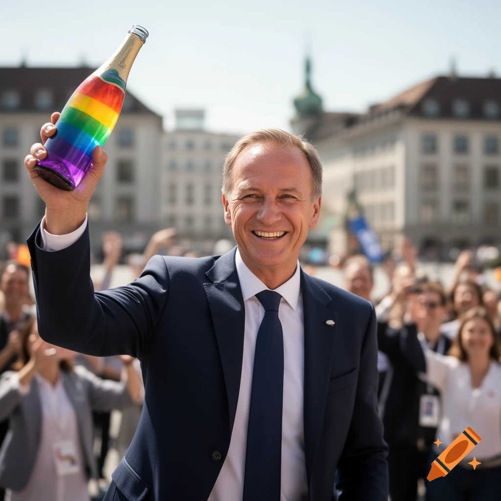 A man in a suit, Friedrich Merz, smiles and raises a rainbow-colored bottle in celebration, with a blurred crowd in the background.