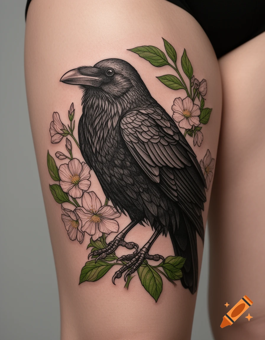 A detailed fineline tattoo of a black raven surrounded by delicate white flowers and green leaves on a person's upper thigh.