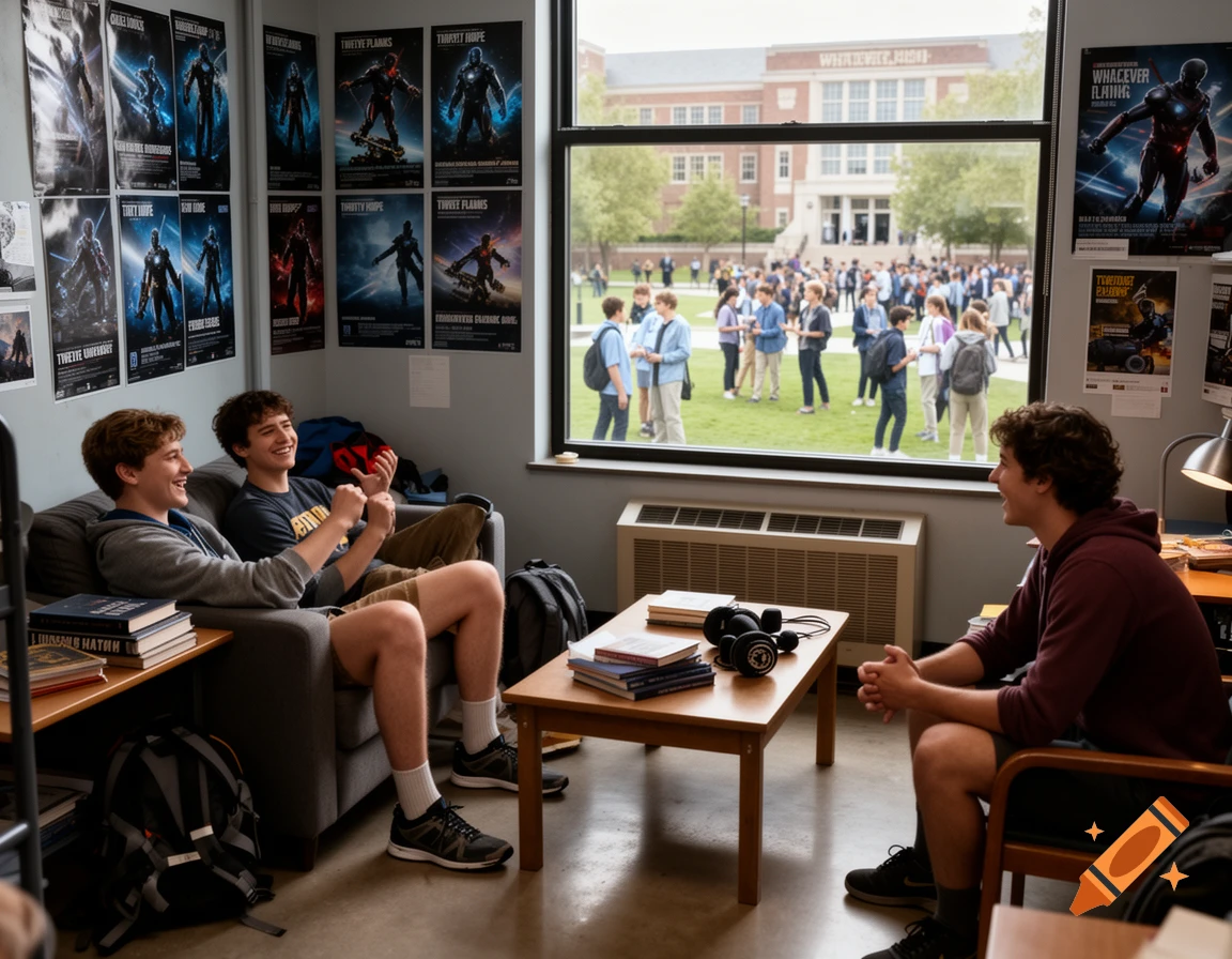 Three male students socialize in a dorm room with posters on the wall, looking out a window at a university campus with many students outside.