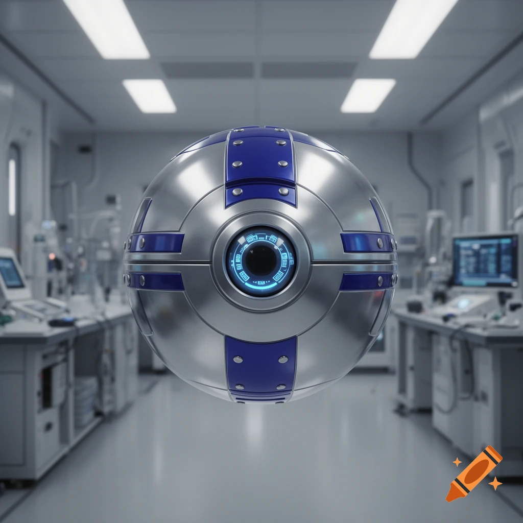 A silver and blue spherical robot with a glowing blue eye floats in a futuristic, brightly lit laboratory.