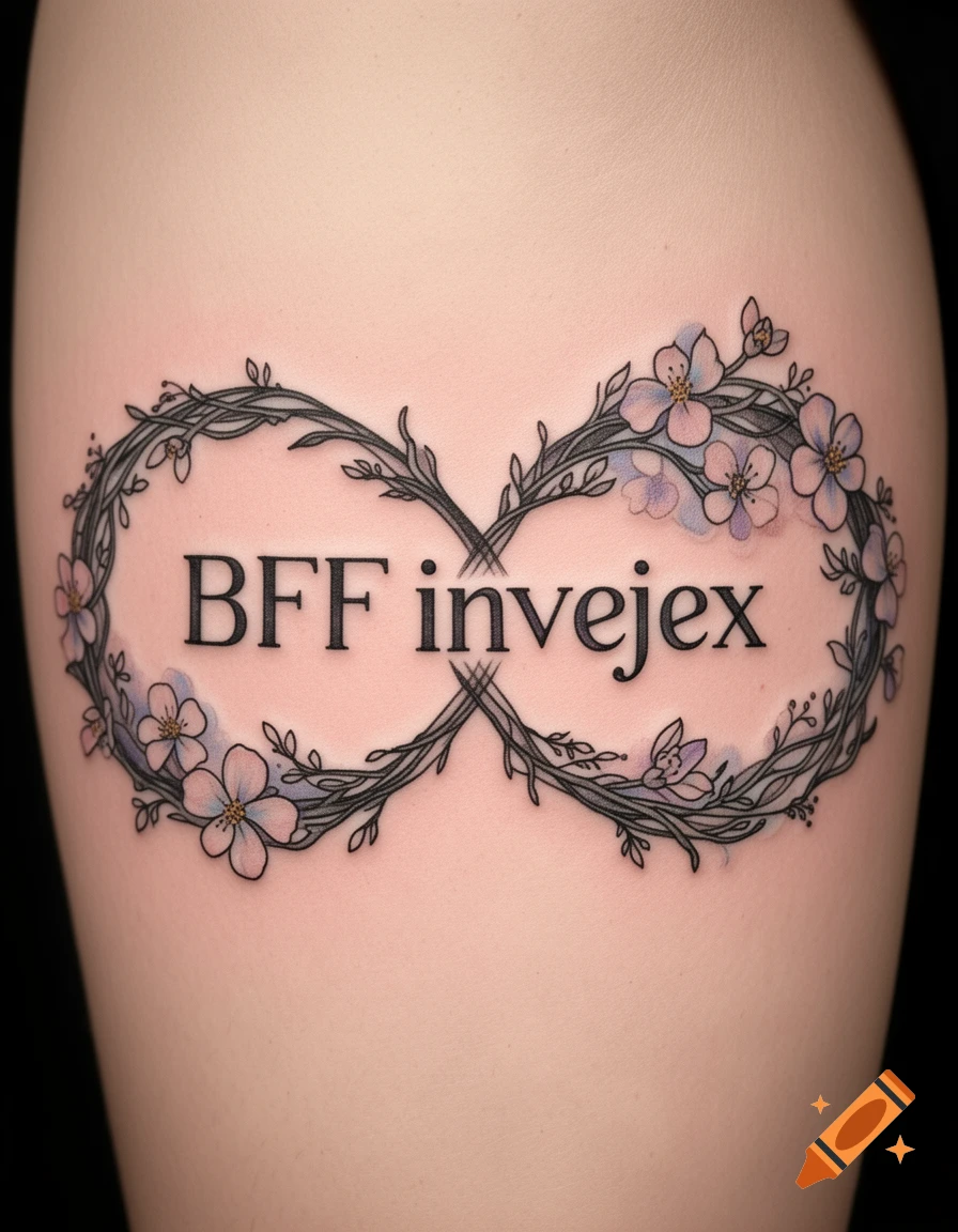 A colorful tattoo of an infinity symbol made of intertwining vines and flowers, with the text 'BFF invejex' inside, on light skin.