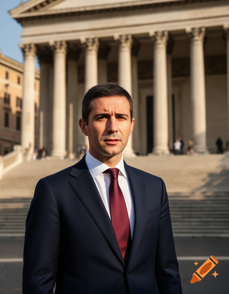 A photorealistic portrait of a man in a dark suit and red tie, standing in front of a grand classical building with columns.
